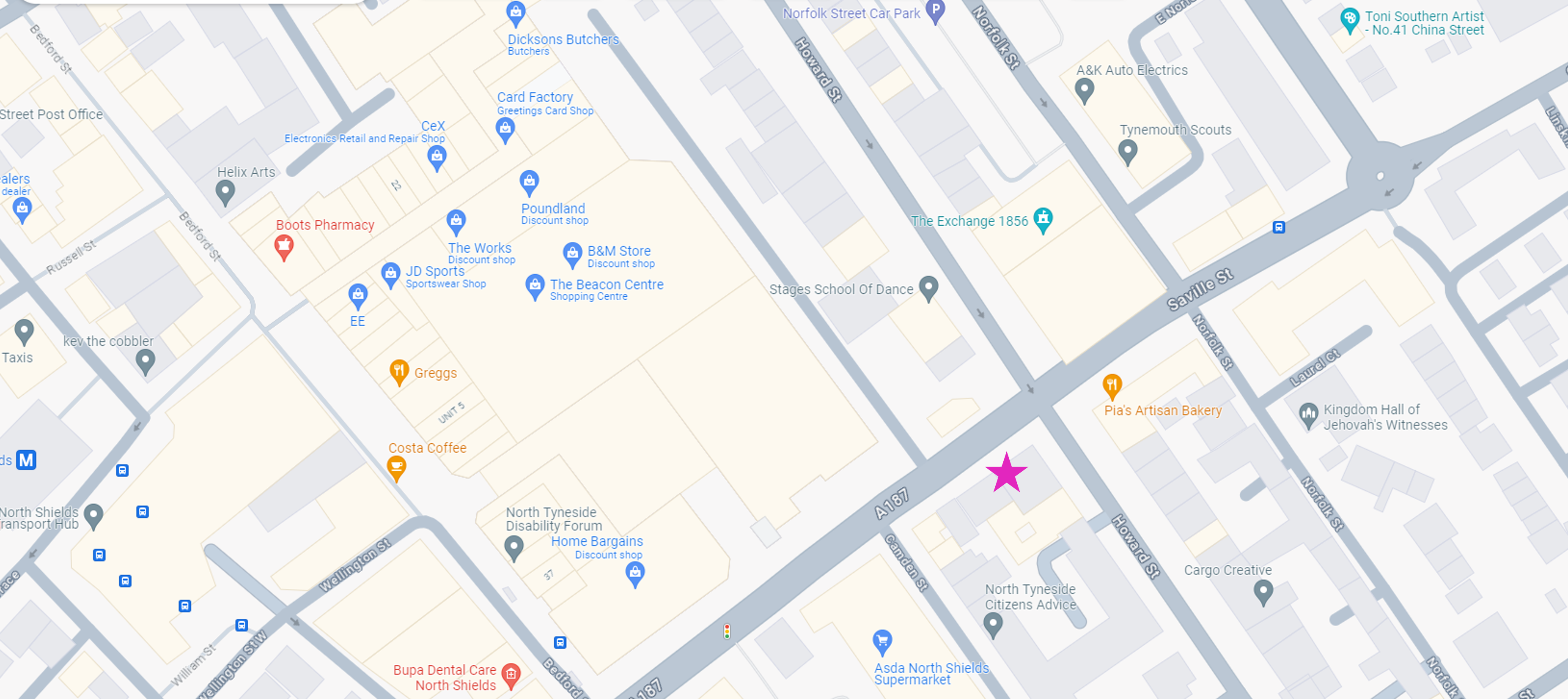 New Address North Shields Map of North Shields with North Tyneside Music Hub office space highlighted with a purple star
